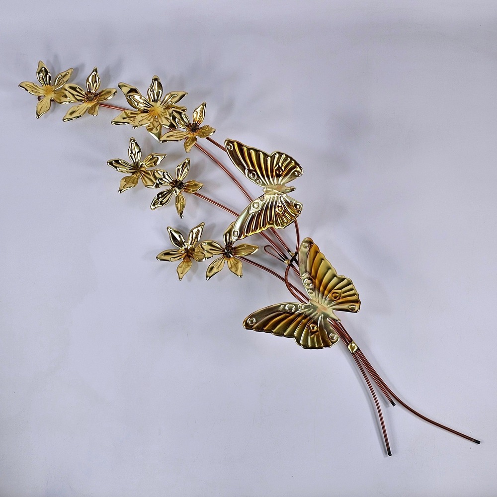 Vintage MCM Gold Copper Metal Wall Art Flowers Butterflies Sculpture 23 Inch